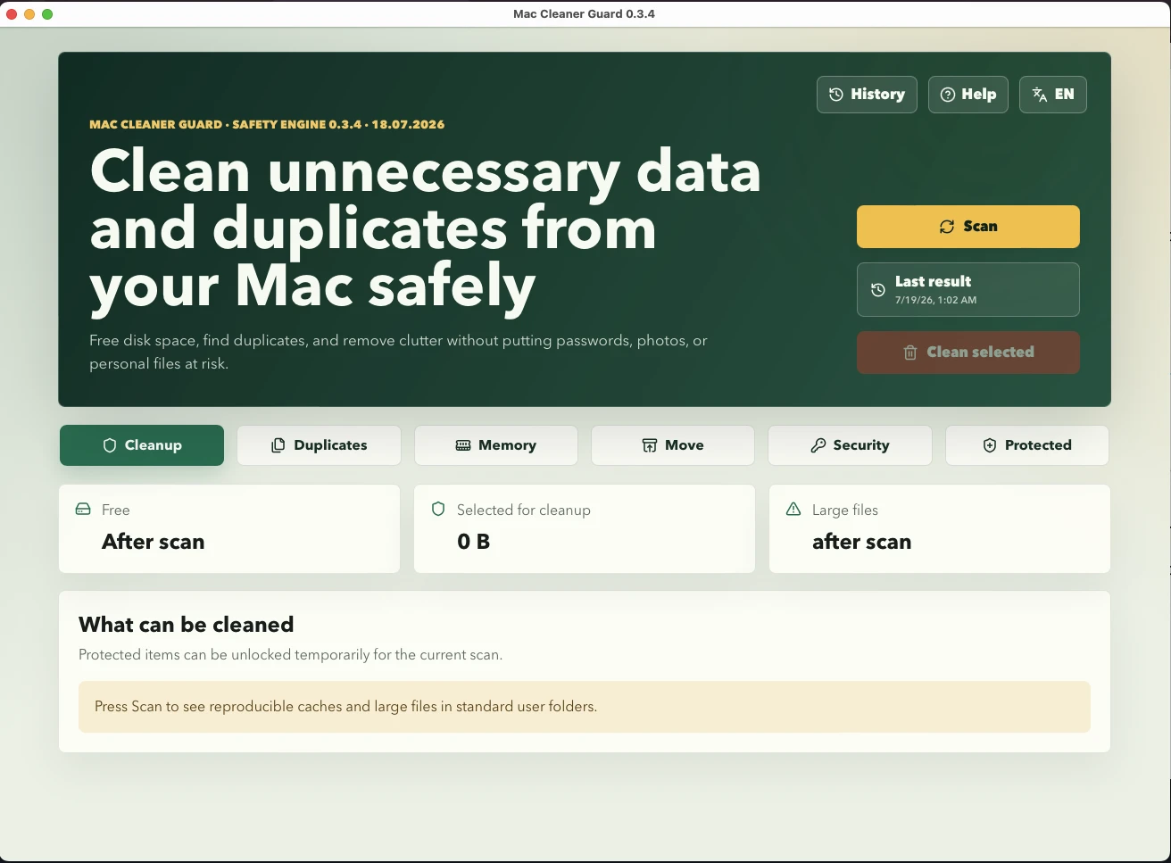 Mac Cleaner Guard Cleanup screen showing a safety-first review of reclaimable data and duplicates