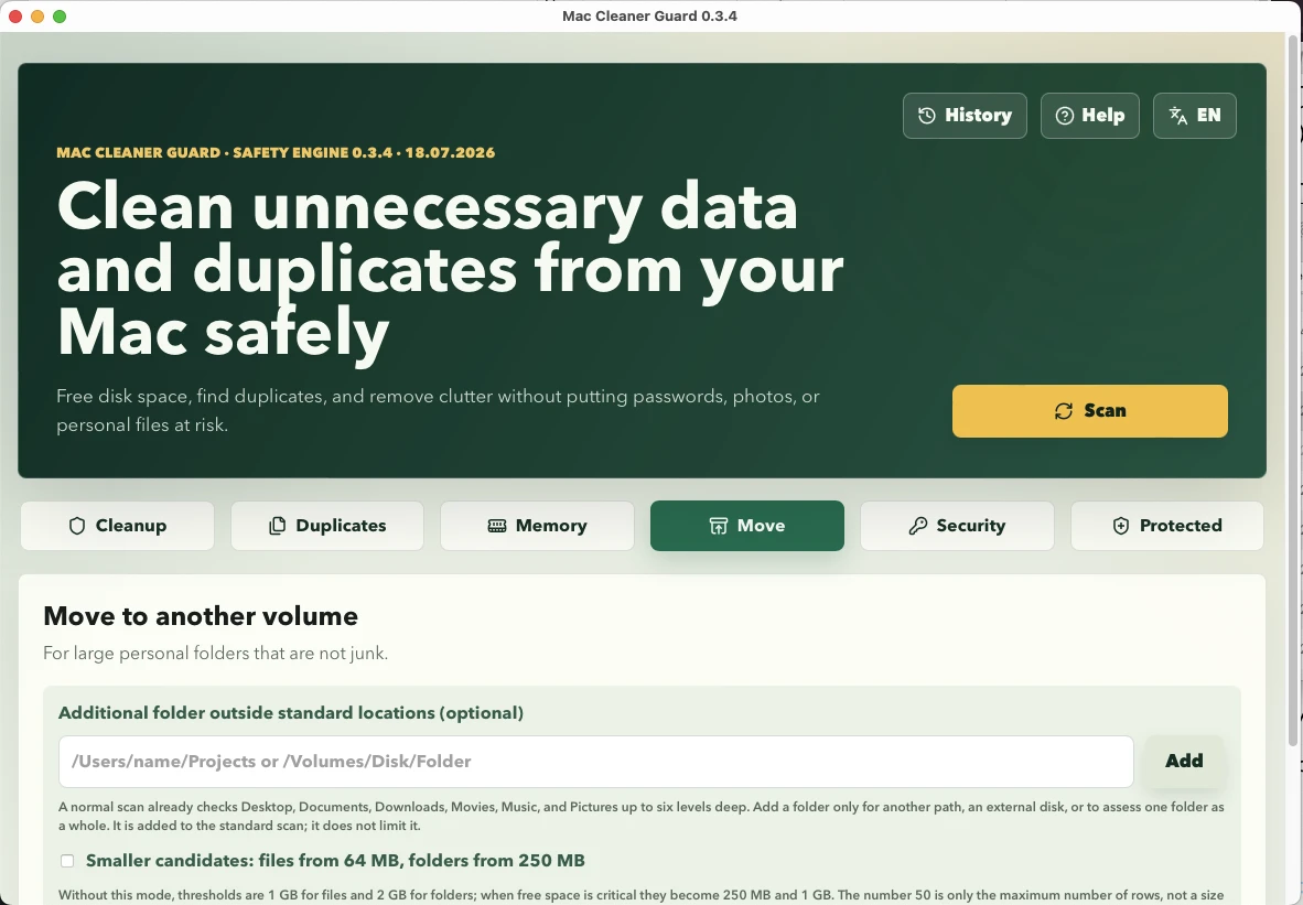 The Move tab, offloading large folders to another volume with verification